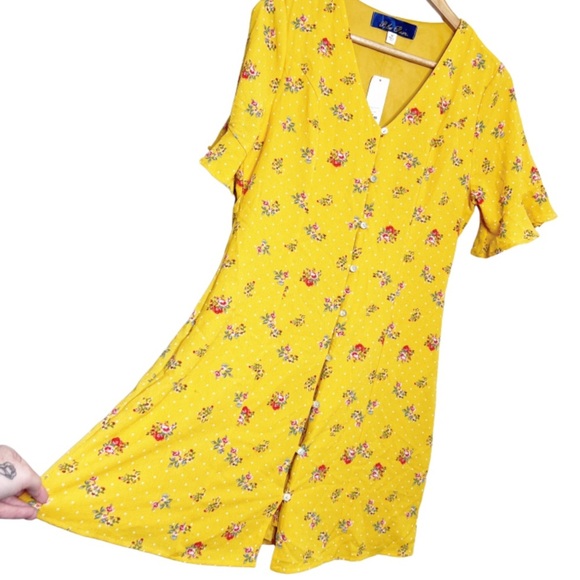 New with Tag Women's Francesca's Blue Rain Yellow Polka Dot Floral Mini Dress - Picture 2 of 16